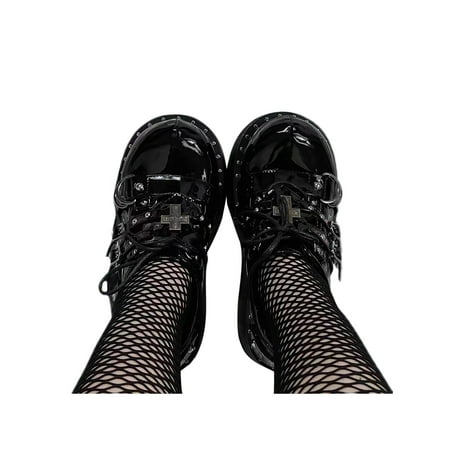 

Eloshman Girls Lightweight Round Toe Punk Lolita Shoe Uniform Non-slip Low Top Gothic Leather Shoes Comfort Platform Black Patent Leather 8