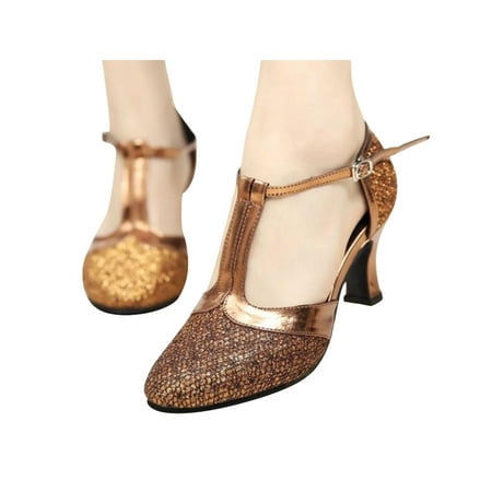 

Rotosw Womens Dance Shoes T-strap Sandals Closed Toe Latin Shoe Elegant Glitter Pumps Ballroom Breathable Chunky Heels Brown 7.5