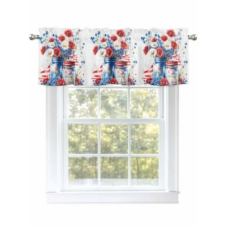 Independence Day Flower Valances for Windows Rod Pocket Kitchen Valance Curtains - Soft & Washable Small Window Treatment for Living Room Bathroom Red Blue Vase 42x12 Inch 1 Panel