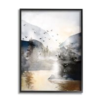 Stupell Flying Birds Mountain Lake View Landscape Painting Black Framed Art Print Wall Art