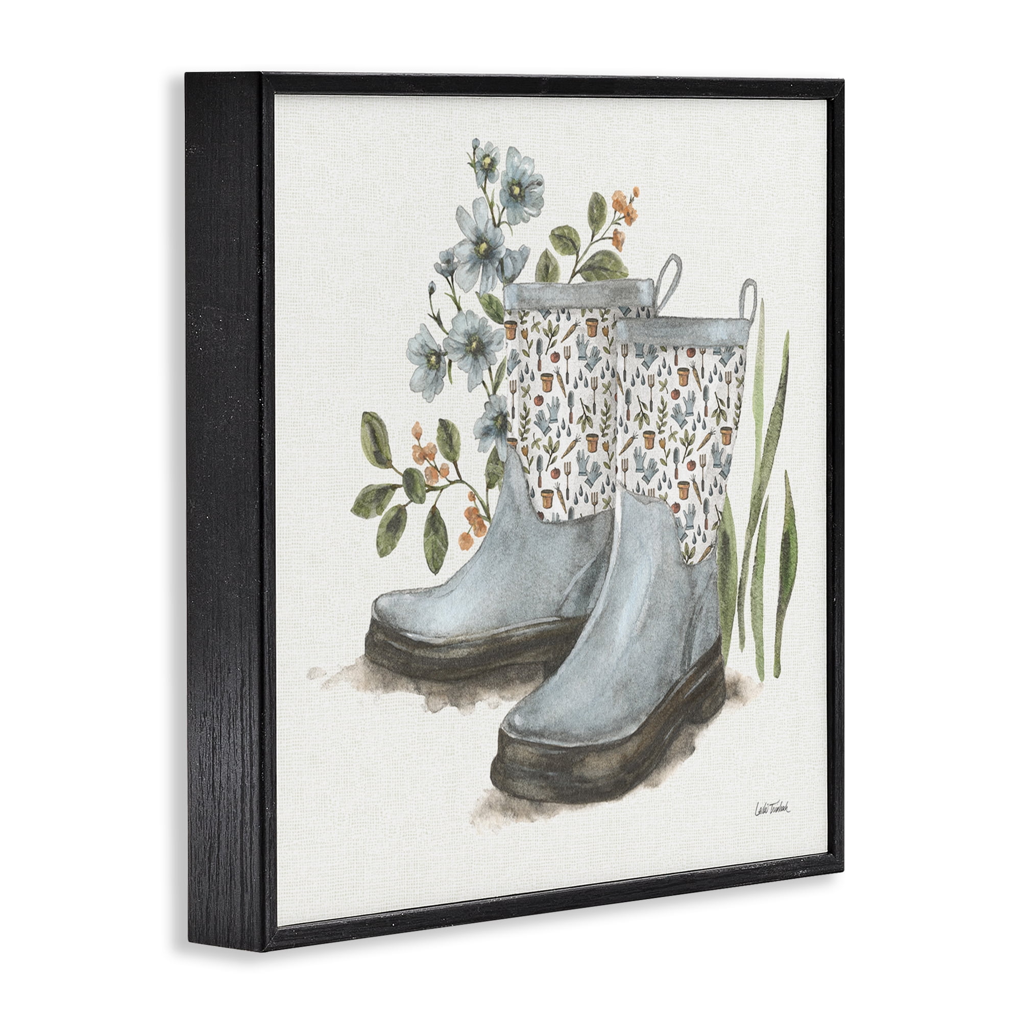 Stupell Industries Floral Gardening Boots Botanical & Floral Painting Black Framed Art Print Wall Art, 12 x 12