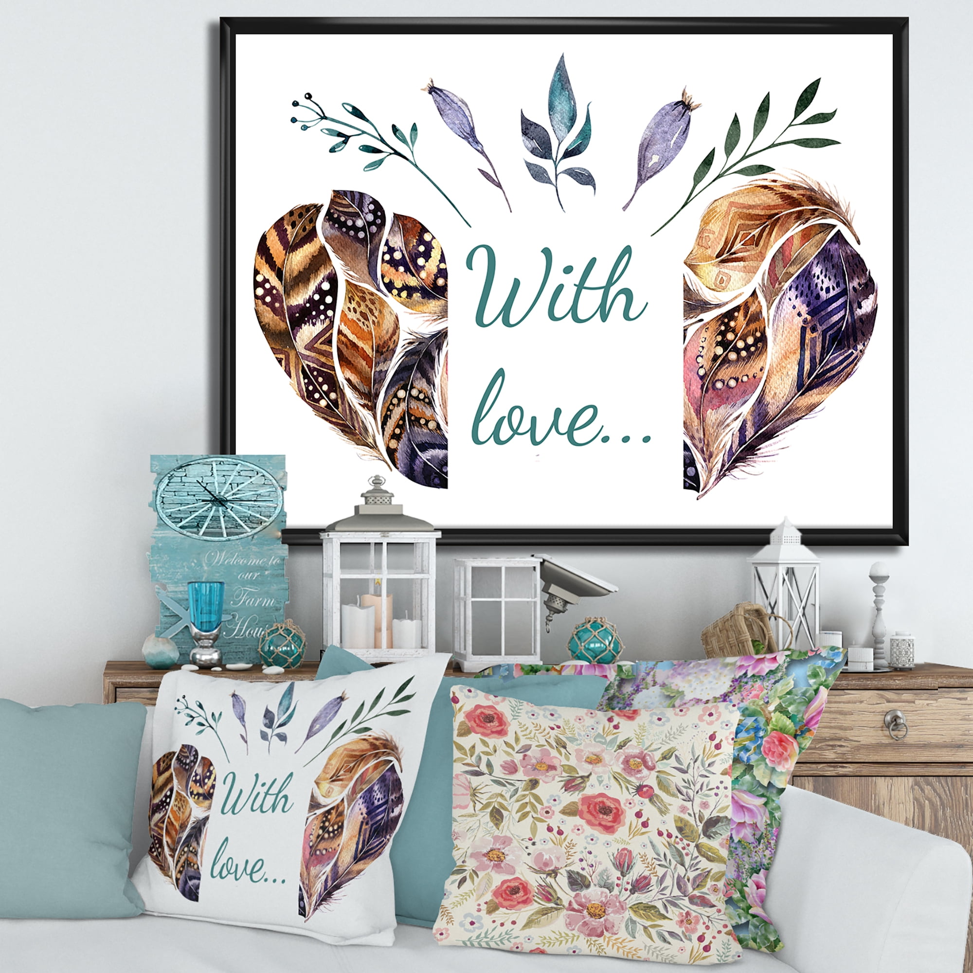 Designart 'Hearted Shaped Feathers With Love' Traditional Framed Canvas Wall Art Print