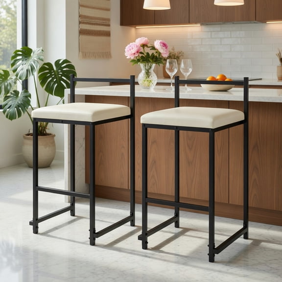 Resenkos 2-Piece Stackable Counter Height Bar Stool, PU Leather Upholstered Seat with Footrest for Kitchen Island, Black