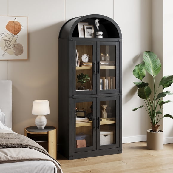 Modern 72'' Tall Arched Bookcase Cabinet – 4-Tier Freestanding Storage Organizer – Glass Doors, Wooden Display Shelf for Living Room, Kitchen, or Office – Black, Glass Door