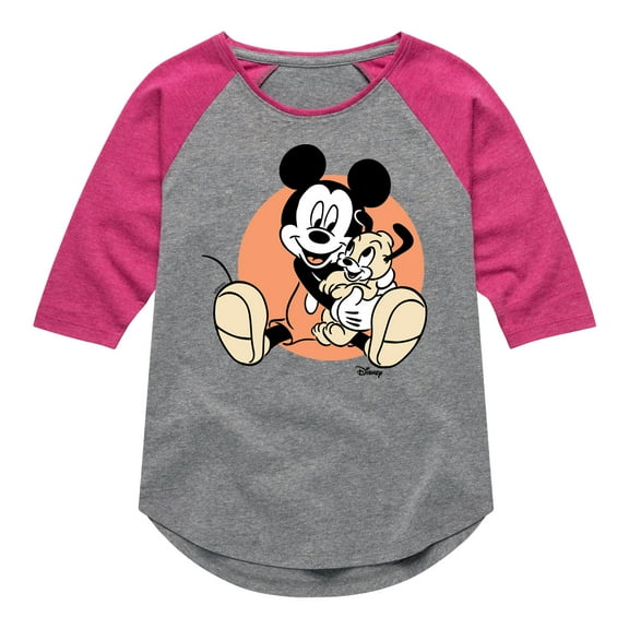 Disney - Mickey Mouse Hugs His Puppy - Toddler & Youth Girls Raglan Graphic T-Shirt