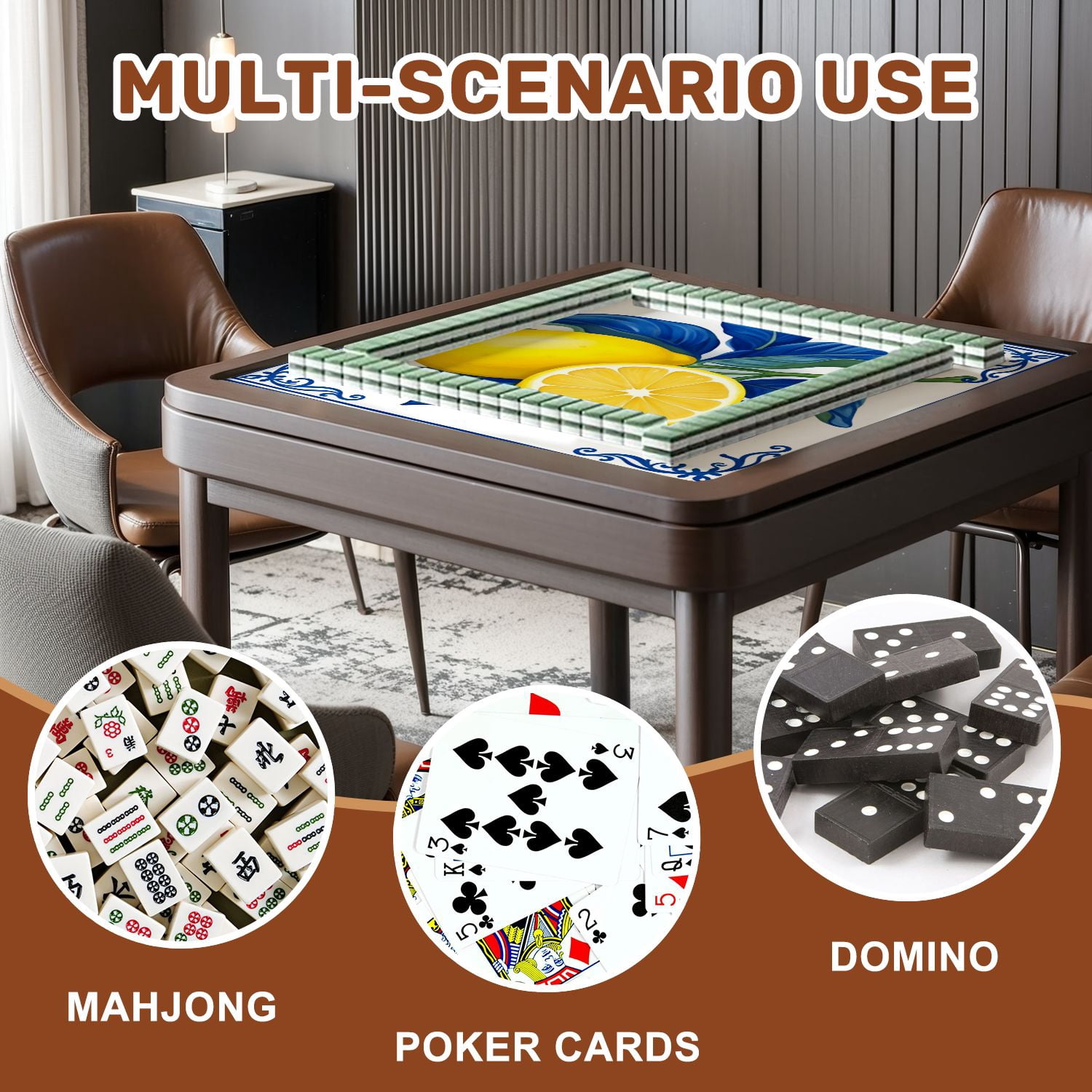 Mahjong Mat 31.5" x 31.5" Yellow Lemons Blue Leaves Decorative Frame Non-Slip Noise Reduction American Mahjong Tiles Table Cover for Dominoes Poker Card Board Games Gift
