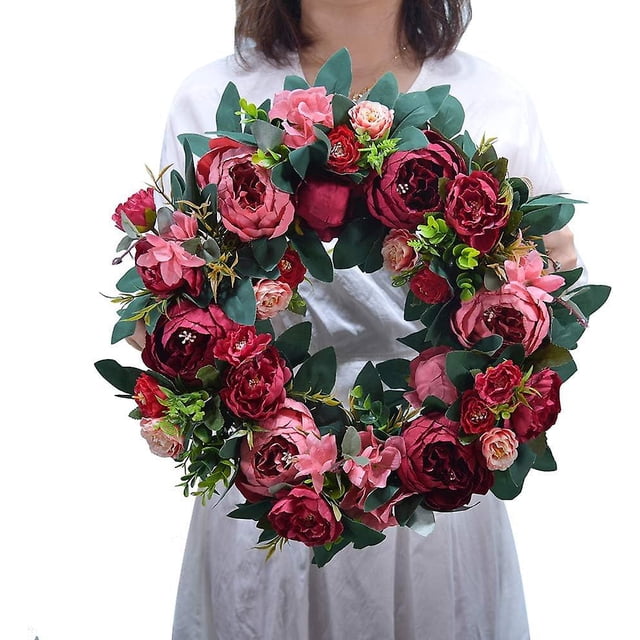 Artificial Silky Round Peony Wreath for Indoor Outdoor, Home Decor for Front Door, Window, Wall, Festival, Birthday, Wedding Party, 16 Inch