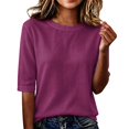 thumbnail image 3 of Linen Texture Blouse for Women, Crew Neck Half Sleeve Loose Tunic - Lightweight Breathable Summer Casual Top Dark Purple M, 3 of 7