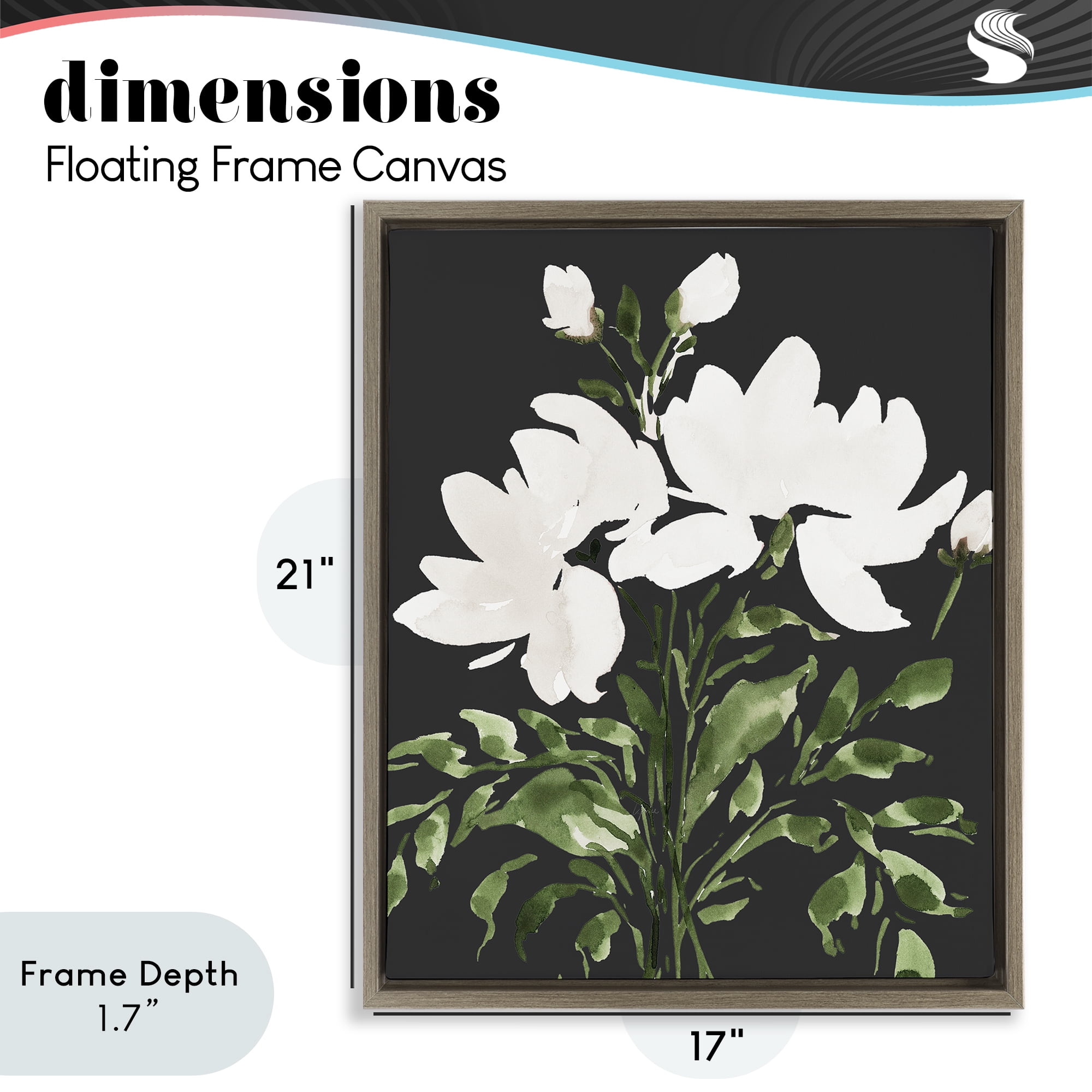 Stupell Industries White On Black Floral Brown Framed Floater Canvas Wall Art, design by Lucille Price
