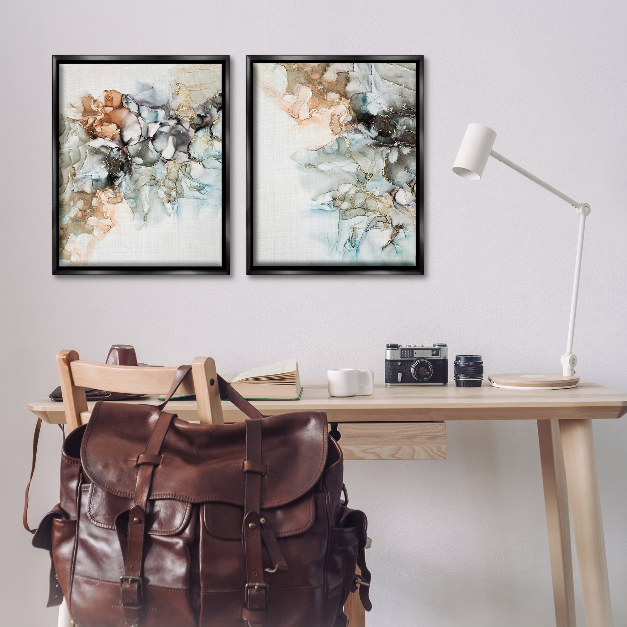 Stupell Industries Abstract Alcohol Ink Blue Copper Abstract Painting Black Floater Framed Canvas Art Print Wall Art, 31 x 25, Set of 2