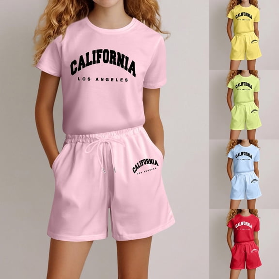 RTKFRFLM Girls 2-Piece Activewear Summer Short Sleeve Letter Print Top and Matching Relaxed Fit Shorts Trendy Casual Outfits for Big Girls and Teenagers Ages 4-14 Years Old
