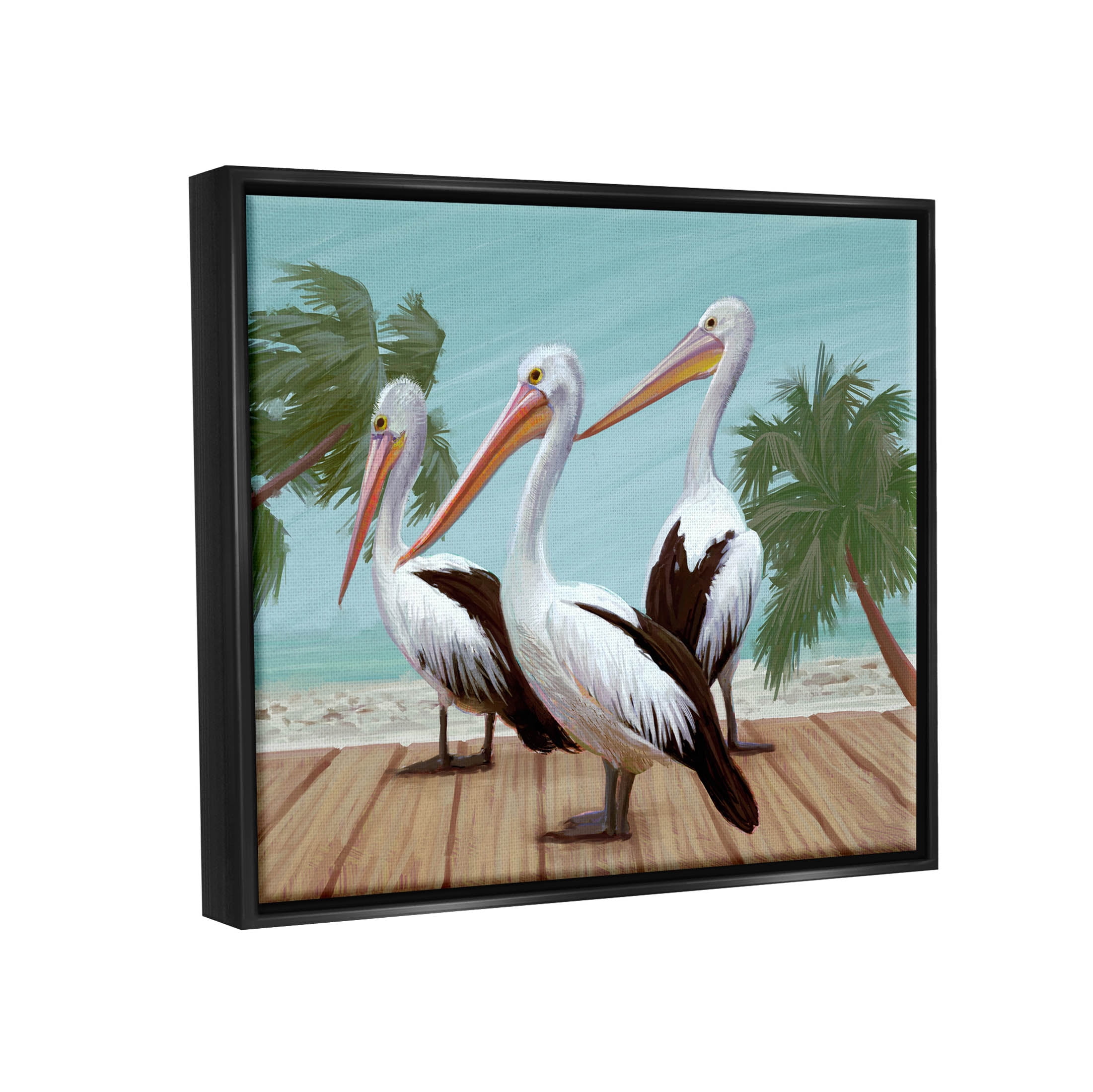 Stupell Industries Tropical Pelicans Beach Boardwalk Painting Jet Black Floating Framed Canvas Print Wall Art, Design by Ziwei Li