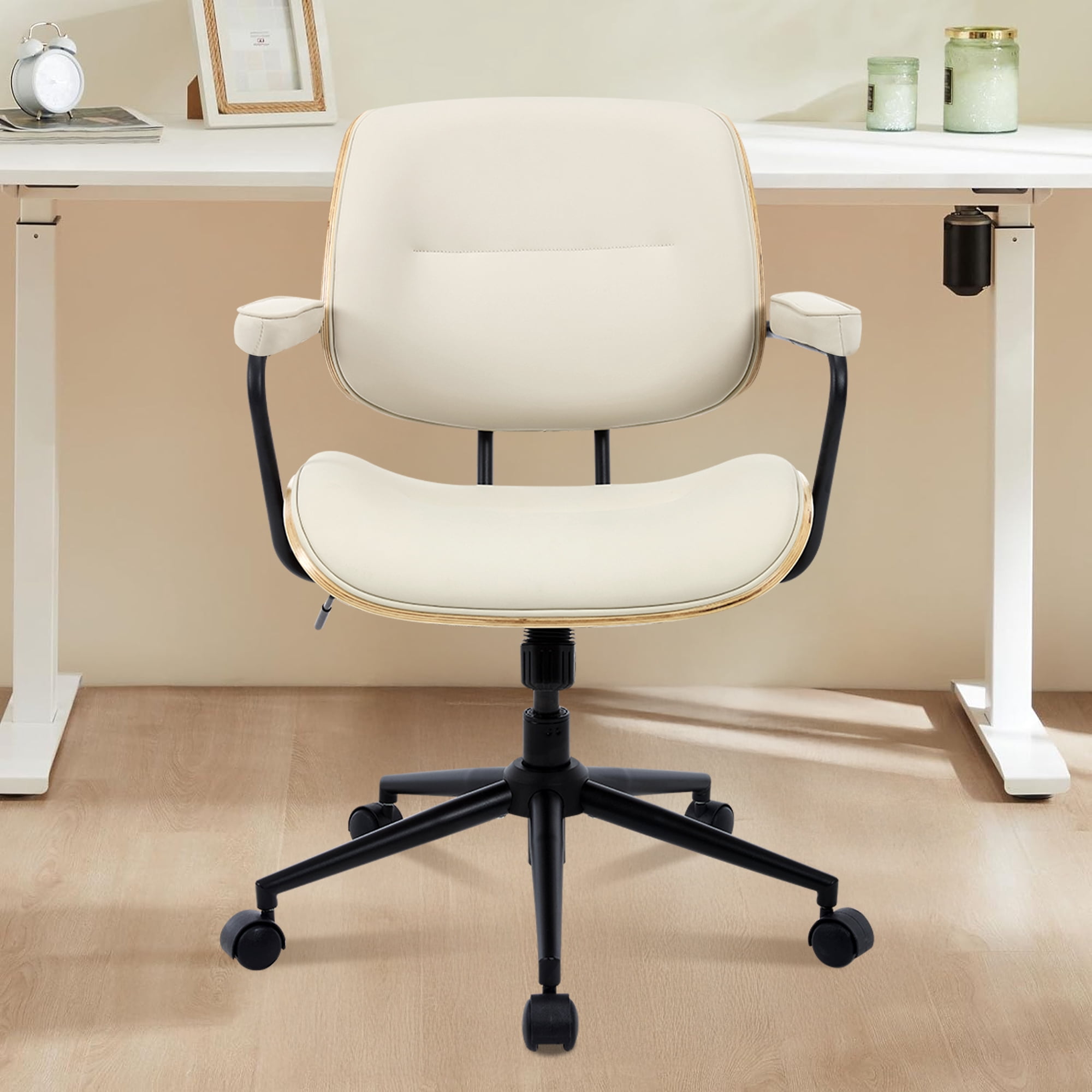 Home Office Chair with Wheel, Mid Century Modern Desk Chairs, Adjustable Height Arm Chair with Walnut Back, PU Leather Task Chair Vanity Chair for Home Office, Reading Room, Beige