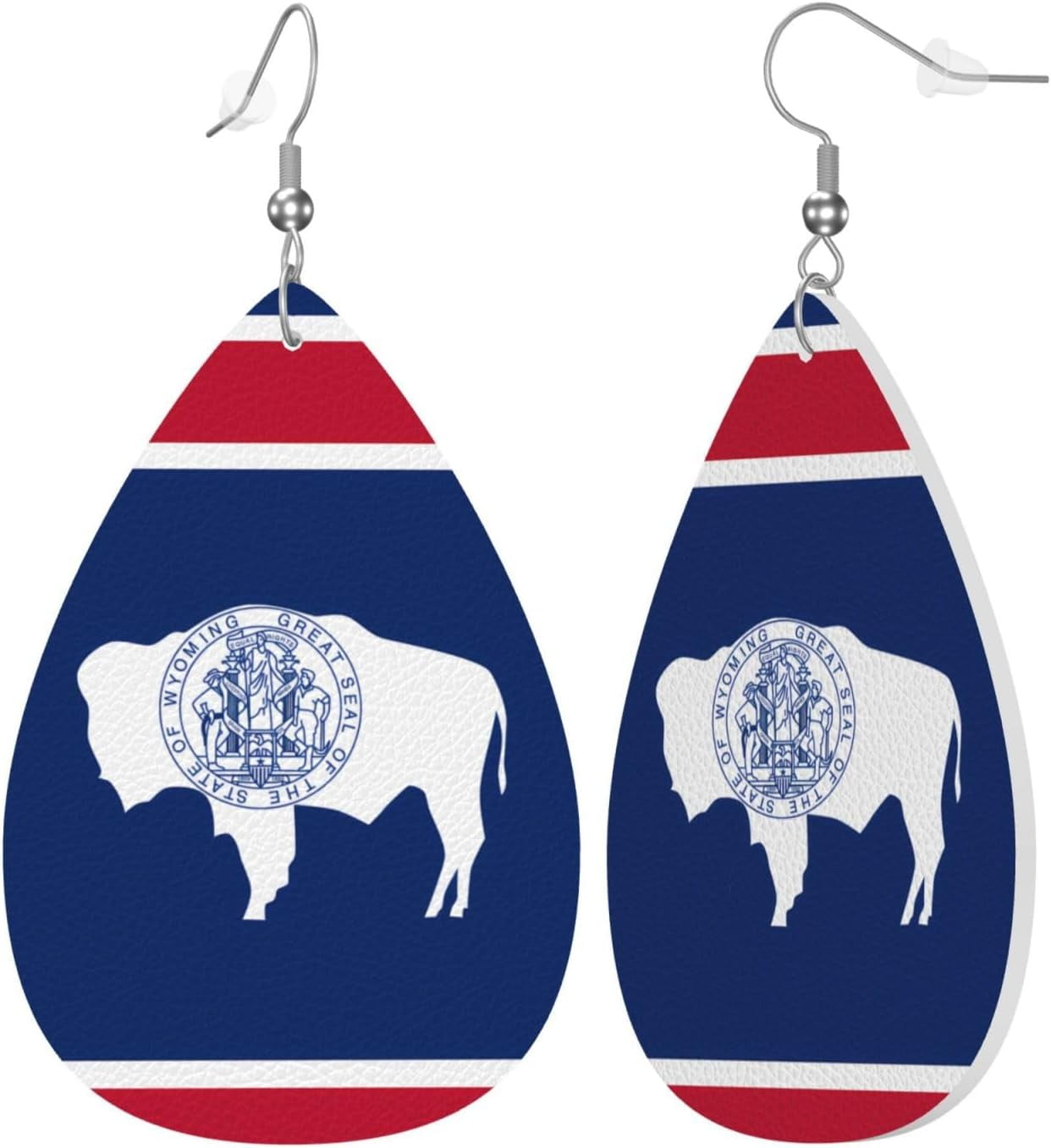 Wyoming State Professional Flag Women's Teardrop Leather Earrings, Hook 925 Silver Plated, Holiday Accessories[q654]