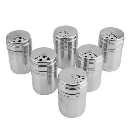 6Pcs Salt Sugar Spice Pepper Shaker Seasoning Cans Stainless Steel Bottles Container with Rotating Cover for Kitchen Cooking and Outdoor