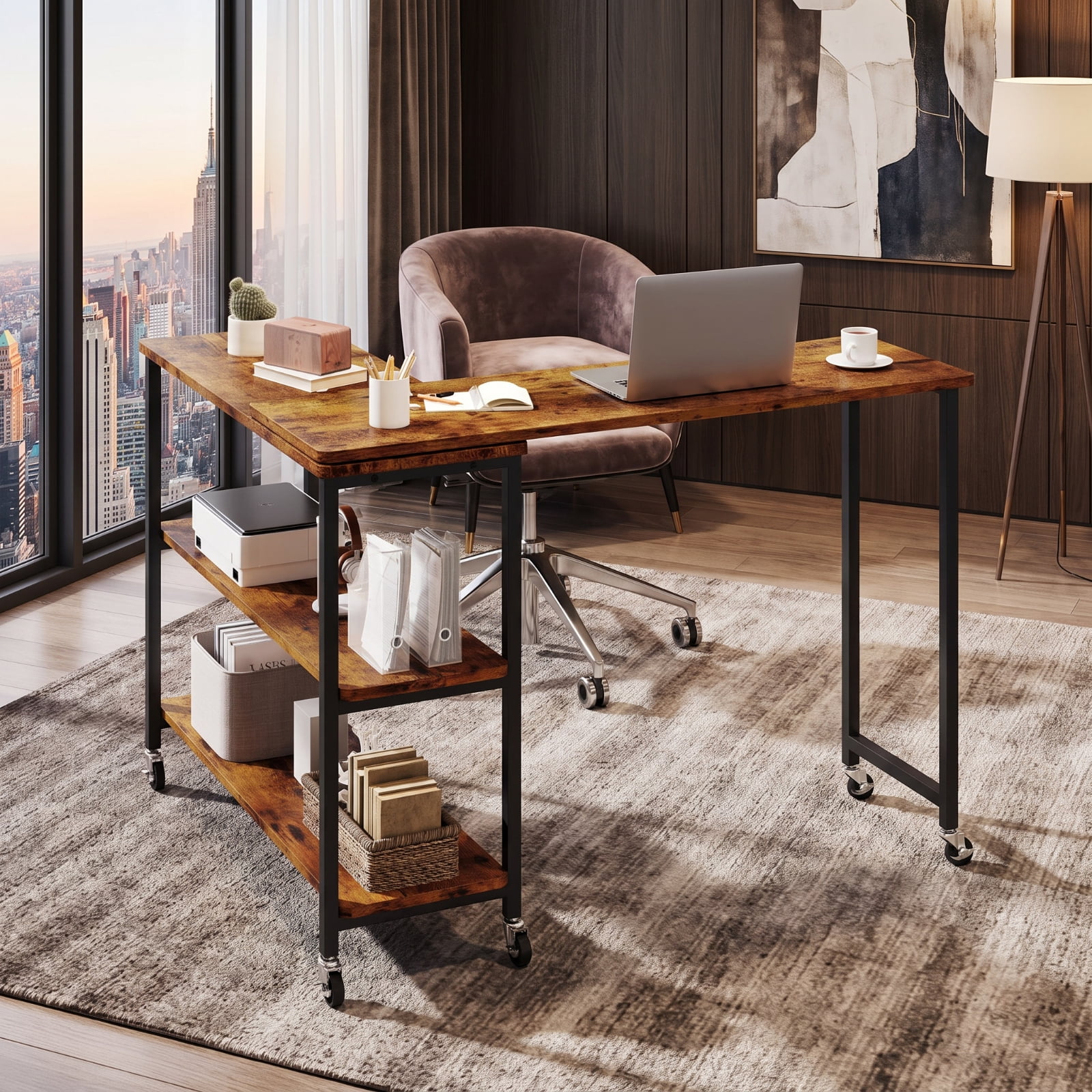 Furnibear Large 360 Degree Rotating Sofa Side Table with Lockable Wheels and Two Tier Storage Shelf for Living Room Office and Entryway, Brown