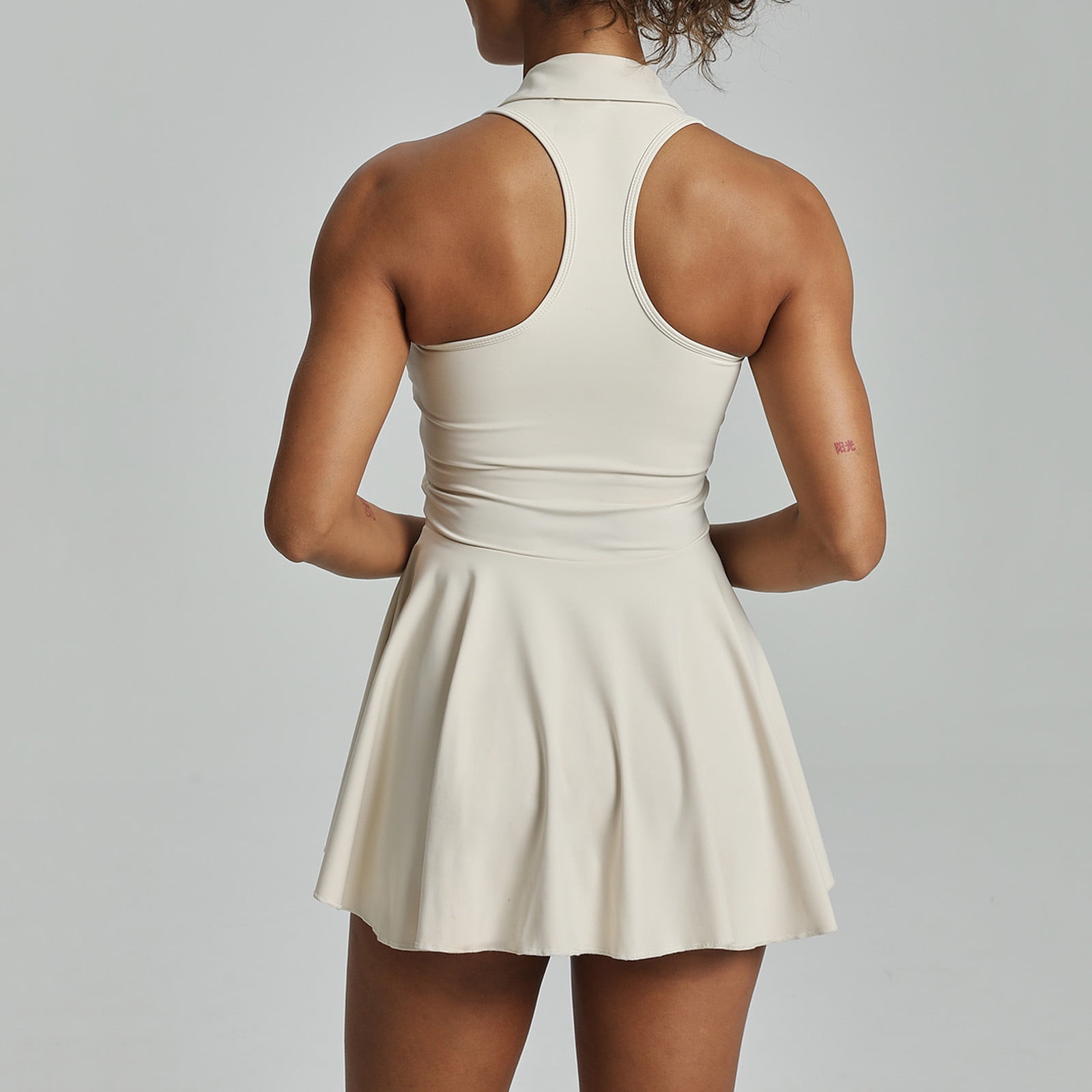 Qgtaibl Womens Workout V Neck Dresses Tummy Control Stretch Lapel Collar Mini Dress Fashion Pleated Flowy Tennis Dress Lightweight Breathable Athletic Dress Beige M