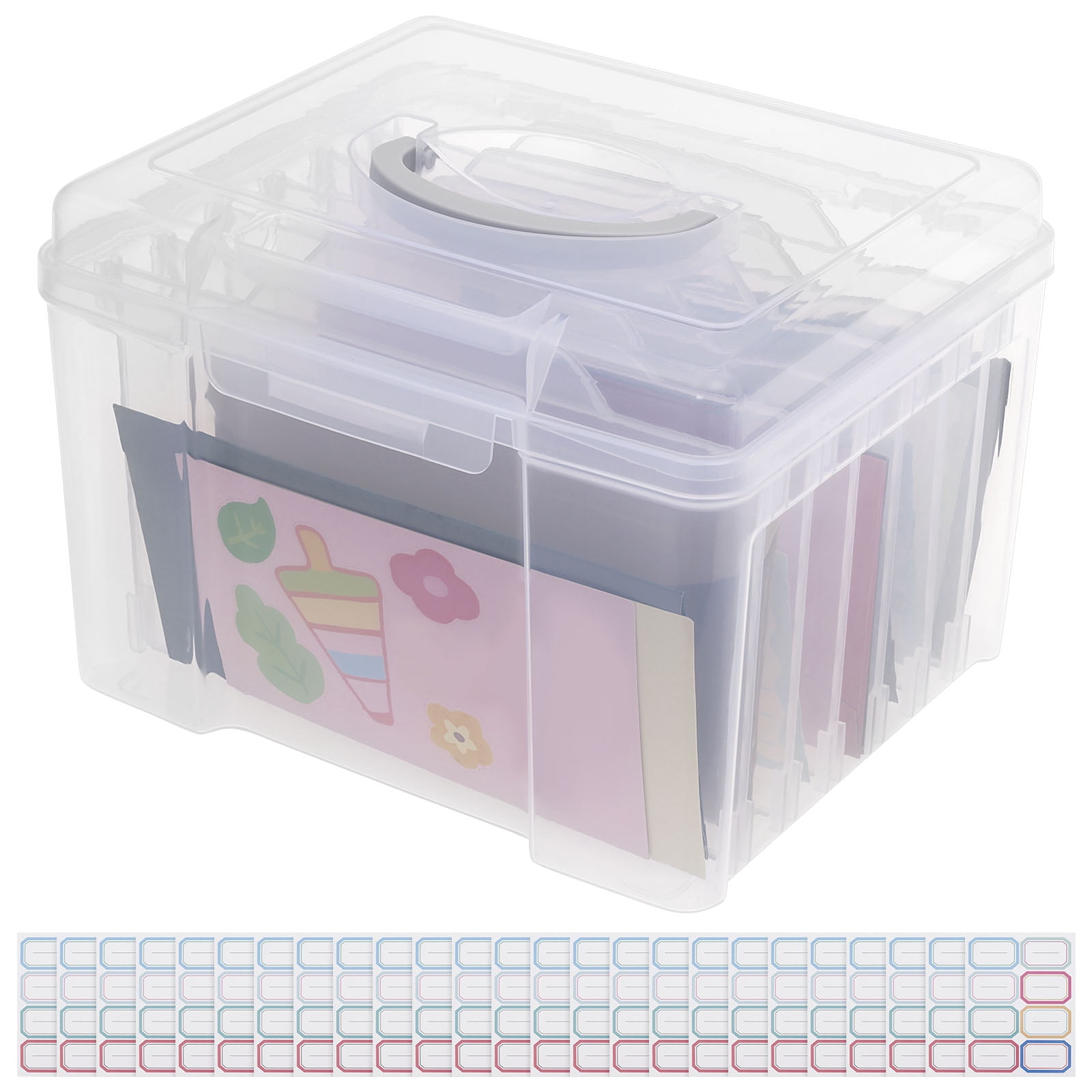 Wekvgz Greeting Card Storage Box Photo Organizer with 6 Removable Adjustable Dividers and Stickers for Photos Crafts Scrapbooking