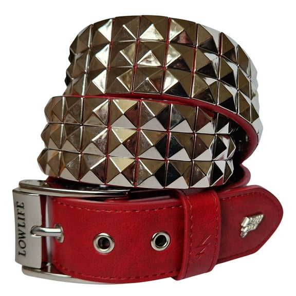 Triple Studded Leather Belt Red and Silver - Lowlife in size 32" - 34" Waist (M)