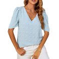 thumbnail image 1 of Camiseta informal holgada con cuello en V y manga abombada corta para mujer para uso en verano, 1 of 8