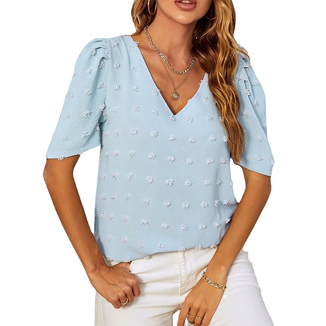 Camiseta informal holgada con cuello en V y manga abombada corta para mujer para uso en verano