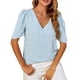 thumbnail image 1 of Top de jacquard con mangas abullonadas y escote en V en azul cielo, camiseta informal de corte holgado - Talla M Summer Chic, 1 of 8