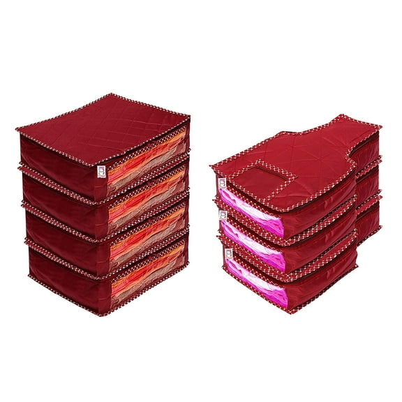 atorakushon Parachute Fabric 4 Saree and 3 Blouse Cover Clothes Garments Wardrobe Storage Bag sari organizer with Strong Zippers Set of 7 Maroon