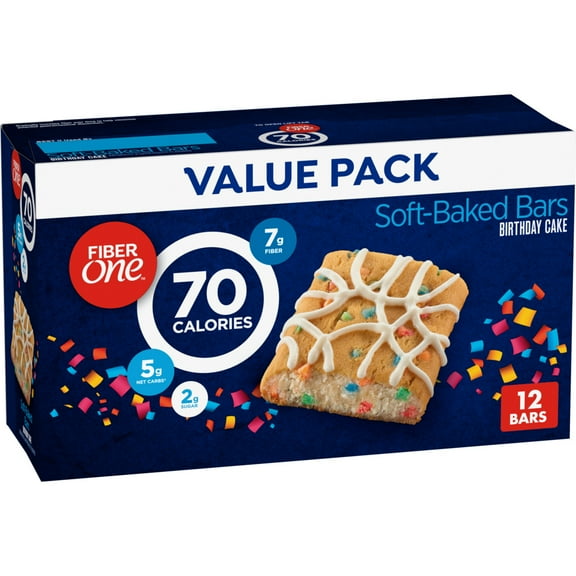 Fiber One 70 Calorie Soft-Baked Bars, Birthday Cake, Snack Bars, 12 ct