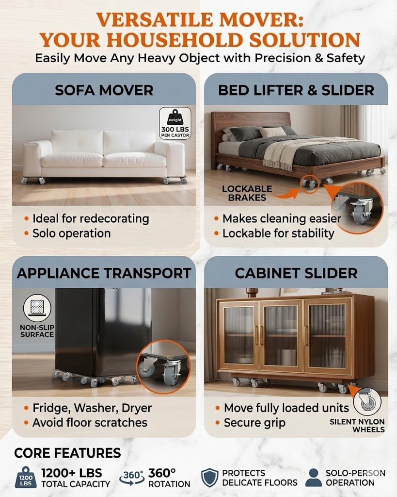 Heavy Duty Furniture Movers Dolly with 4 Universal Rubber Wheels, 1800 lbs Load Capacity, Alloy Steel Moving Tools for Heavy Furniture and Appliances, 4 Pack