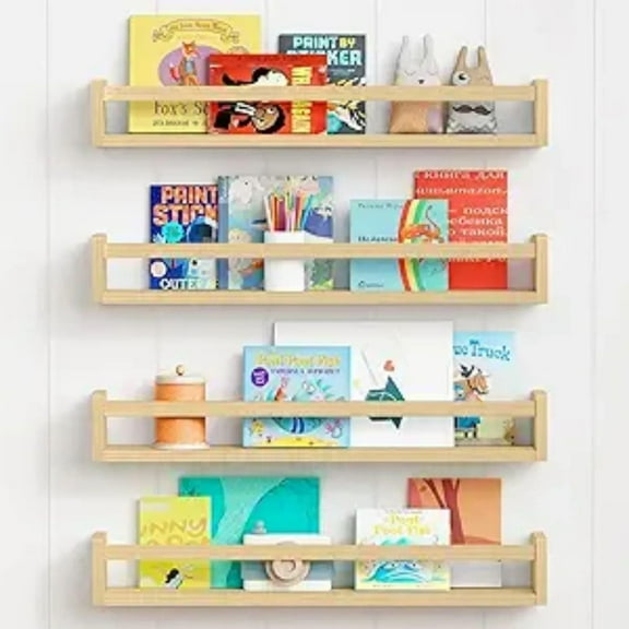 Wood Nursery Bookshelves for Wall, 24 Inches Long Floating Book Shelves, Wall Mounted Bookcase for Teen Girl Boy Kids Room Bedroom, Playroom Organizer, Bathroom D r (4-Pack)