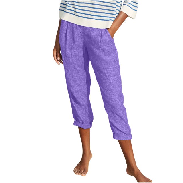 aidice Summer Pants for Women Capris Button Fitting Casual Straight Leg Solid Color Cropped Pants