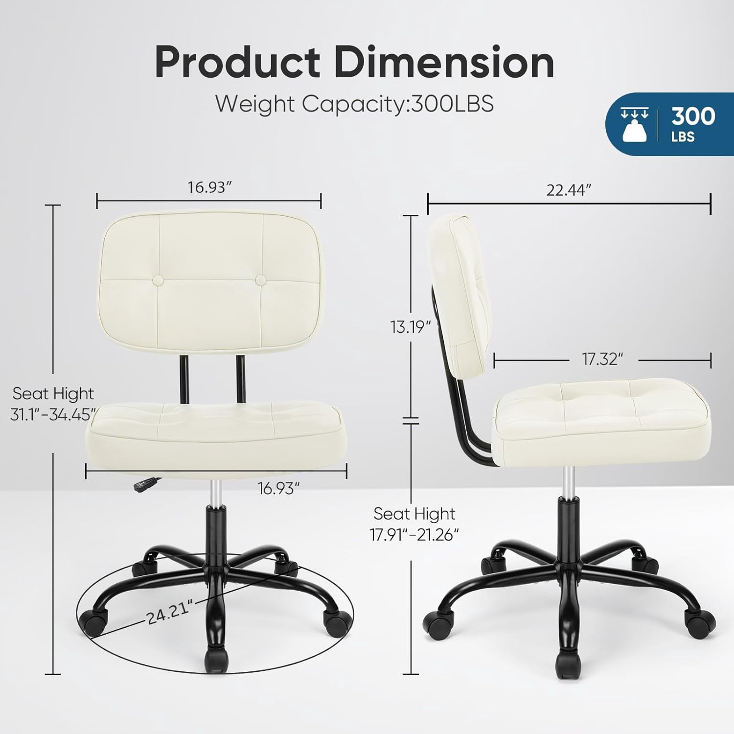 Armless Vanity Chair for Makeup Room, Small Desk Chair with Tufted PU Leather, Adjustable Height Rolling Computer Chair for Home Office & Dorm, Beige