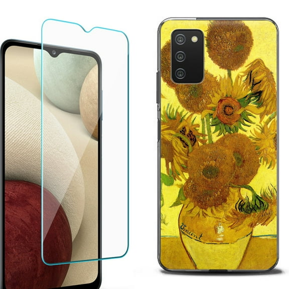 Slim-Fit Protective Fashion Phone Case (Black) for Samsung Galaxy A03s, with Tempered Glass Screen Protector, by OneToughShield ® - Sunflower