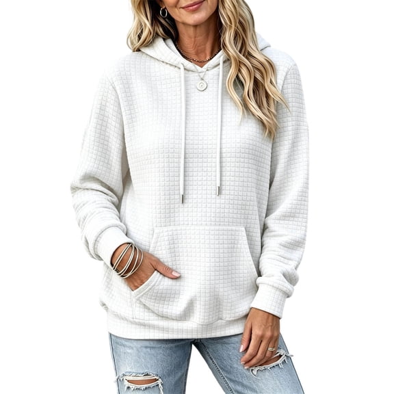 VEKDONE Hoodies for Women Long Sleeve Drawstring Waffle Knit Tops 2026 Casual Loose Fit Hooded Pullover Sweatshirt with Pocket White S