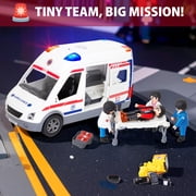 Playkidiz Push & Go Ambulance Toy Playset Emergency Vehicle with Realistic Lights & Sounds, 4 Buildable Figures, Stickers, and Accessories for Ages 3+