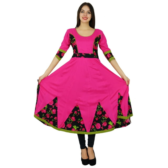 Bimba Robe en Coton pour Femme Kurta Longue Évasée Kurti à Manches 3/4 Vêtements Indiens Chic