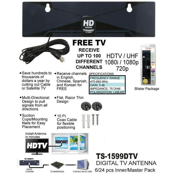 Interpreter Conqueror Ten Digital TV Antenna Free Channels HDTV DTV Box Ready HD VHF UHF Flat Design  High - Walmart.com
