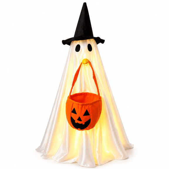 Lighted Ghost Porch Goose Outfit with Pumpkin Treat Bag, White Ghost Goose Costume with String Lights for 23 Inch Plastic or Cement Porch Goose, Outdoor Patio Yard Fall Decoration