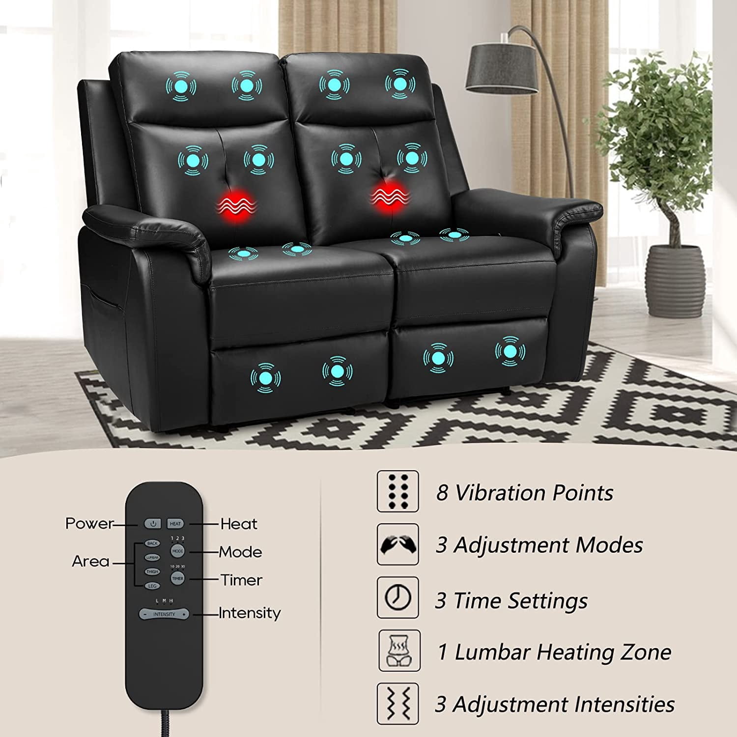 LVUYOYO Modern PU Leather Reclining Loveseat, Black