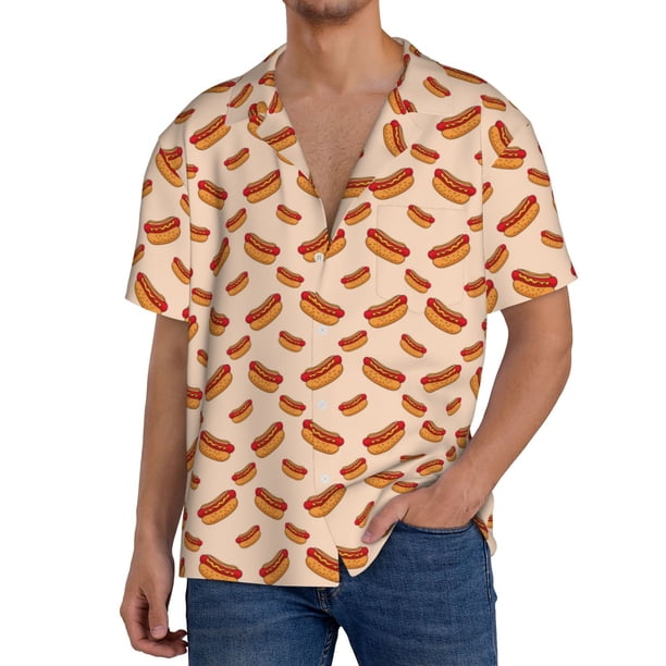 Fotbe Hot Dog 2 Camisa Estampada de Manga Corta para Hombre, Casual de Verano, Estilo Playero, Sin Arrugas-XX-Large