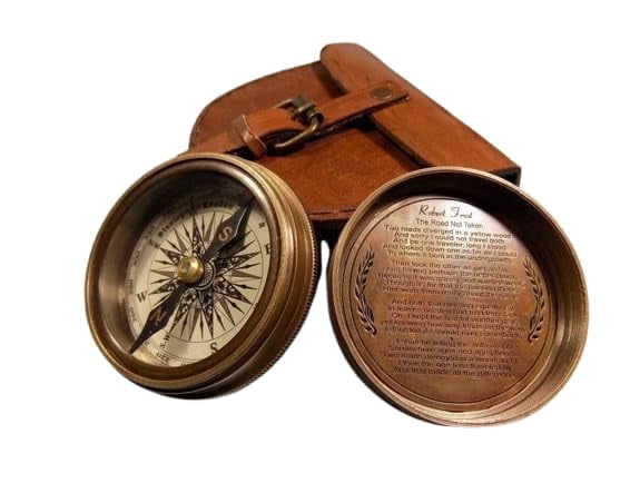 Maritime treasures Vintage Brass Pocket Compass with Leather Case | Antique Style Nautical Compass for Hiking, Travel, Desk Decor & Gift