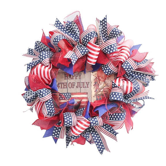 Hyknon 4th of July Patriotic Bow Ribbons Wreath, Red White Blue Independence Day Display Wreaths with Stars Stripes, 250th Anniversary Decor Wreath with"Happy 4th of July" for Front Door Memorial Day