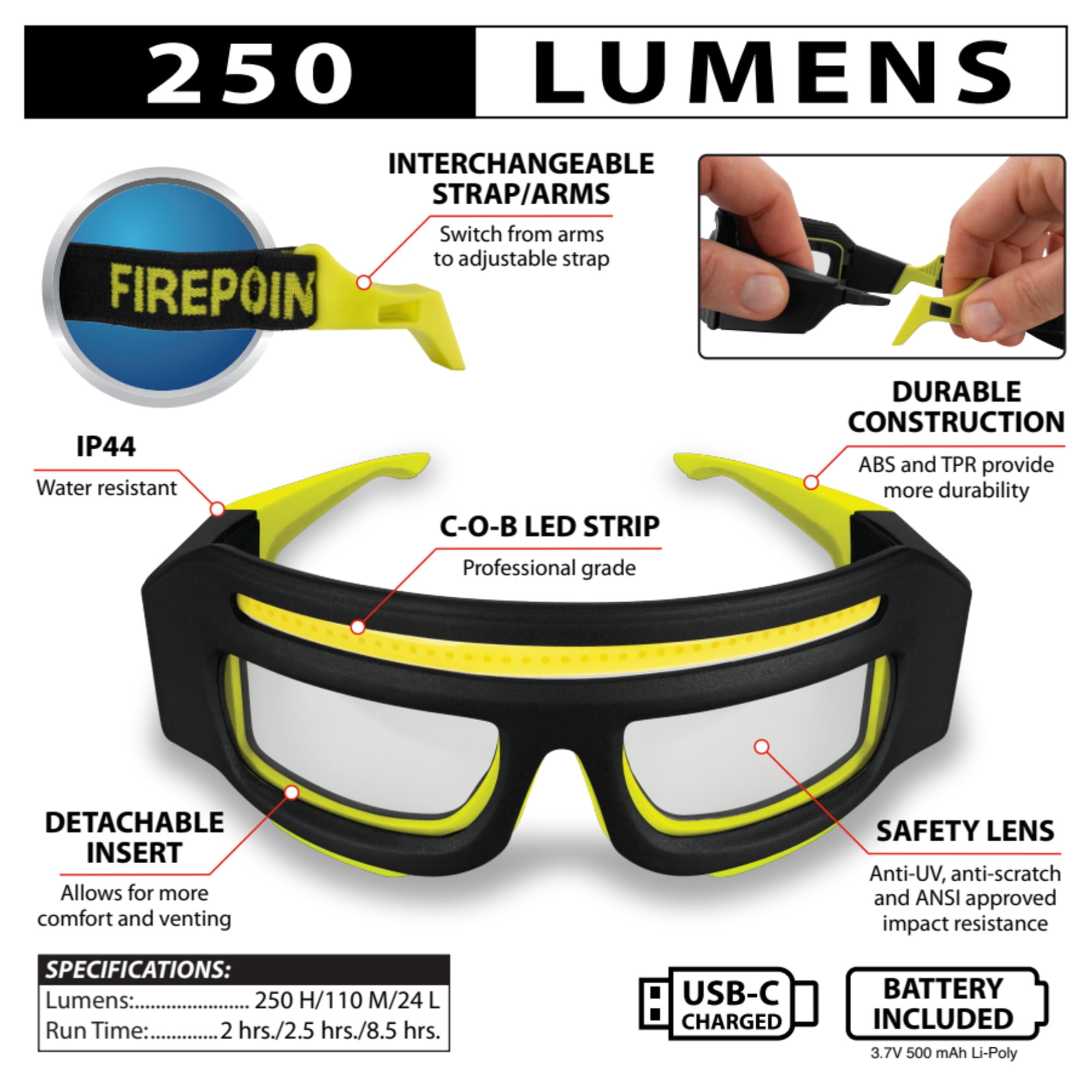 Performance Tool W2699 FIREPOINT 250LM Li-Ion Lighted Safety Glasses - Cushioned Insert, Water-Resistant, Anti-UV, Anti-Scratch, Impact-Resistant, Black/Green