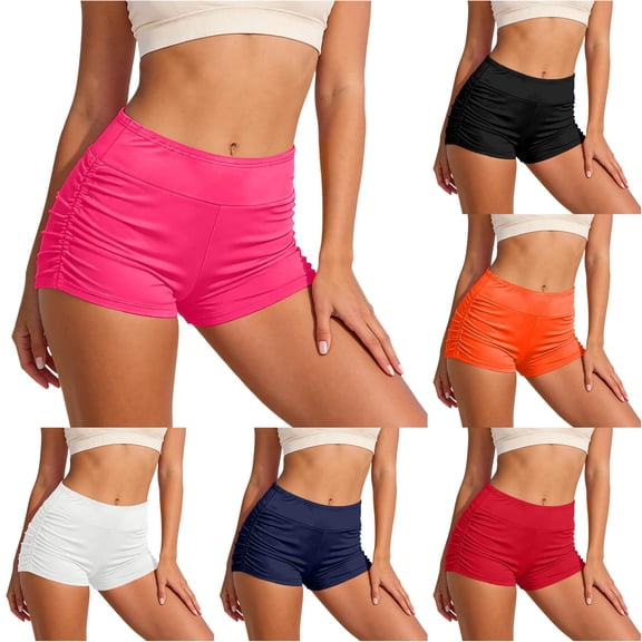 FINALGANG Womens Wide Waistband High Waist Solid Color Double Side Ruched Swim Shorts Tummy Control Stretch Swim Shorts For Outdoor Swimming Activities Trendy Swimwear S
