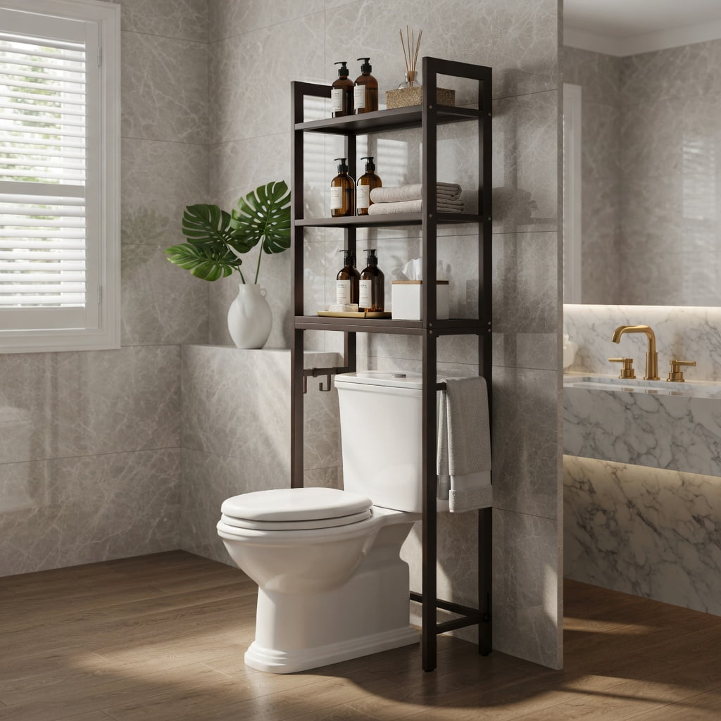 Hommoo Over-the-Toilet Storage Shelf, Heavy-Duty Metal Bathroom Organizer with 3-Tier Shelves & 3 Hooks, Space-Saving Design for Towels, Toiletries & Cosmetics, Brown