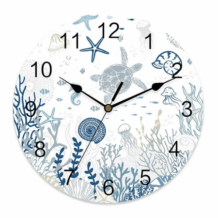 Wall Clock 12 Inch Blue Coastal Ocean Round Silent Decorative Wall Clocks Battery Operated for Living Room Bedroom Kitchen Classroom Decor, Coral Sea Turtle Starfish Shell White,Large