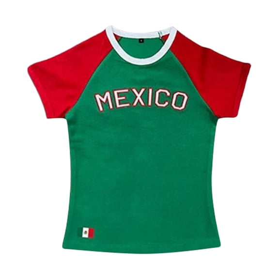 Trendfront Womens Mexico Letter Print Crop Tops Crewneck Fashion Tee Slim Fit Short Sleeve T Shirts Summer Casual Raglan Style Shirt