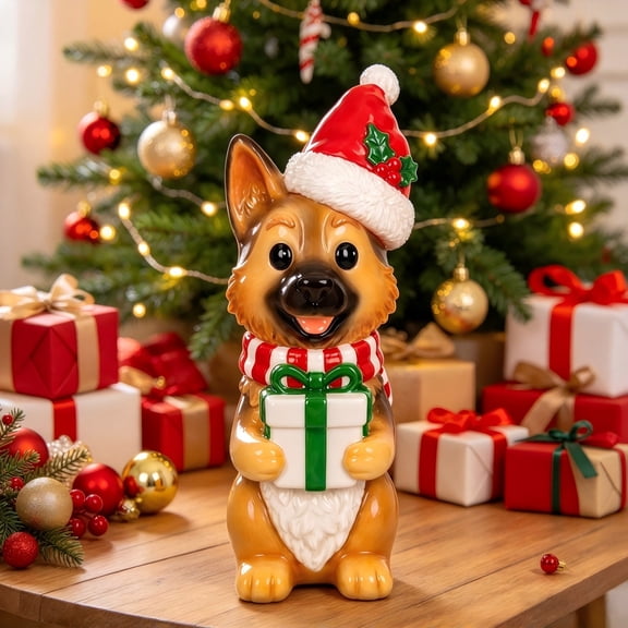 German Shepherd Blow Mold Christmas Decoration,Christmas Dog Figurine Decor with Santa Hat Scarf & Gift Box, Vintage Christmas Dog Decor For Mantel Shelf Tabletop Xmas Holiday Party Decor