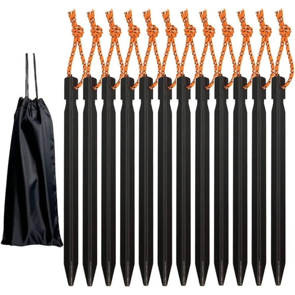 shiyou-12pcs Aluminum Tent Stakes, Lightweight Tent Pegs for Outdoor Camping Gardening Canopies, Pitching Camping Tent (Black)
