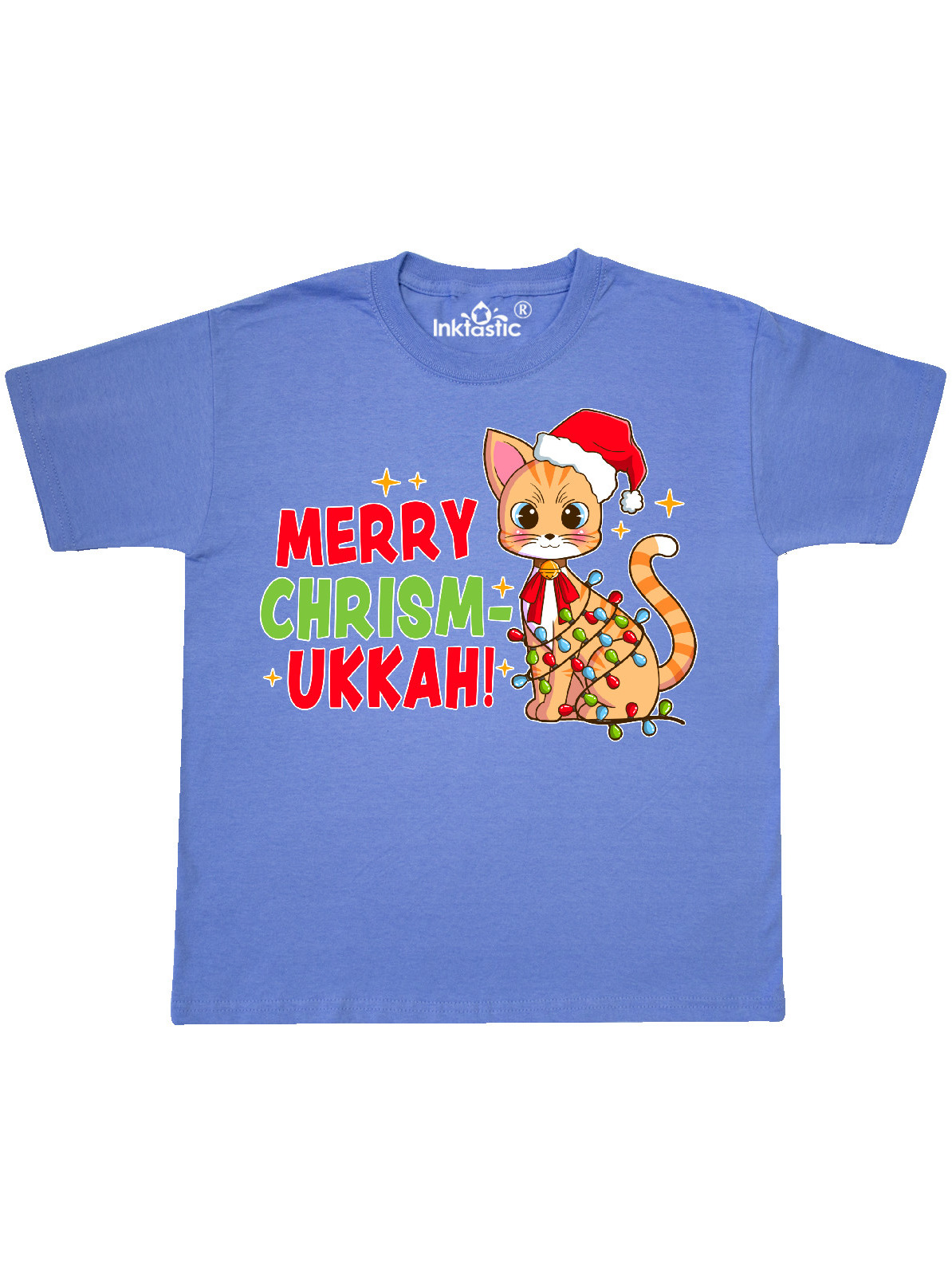 Merry Chrismukkah Cute Cat with Lights and Santa Hat Youth T-Shirt - Walmart.com - Walmart.com